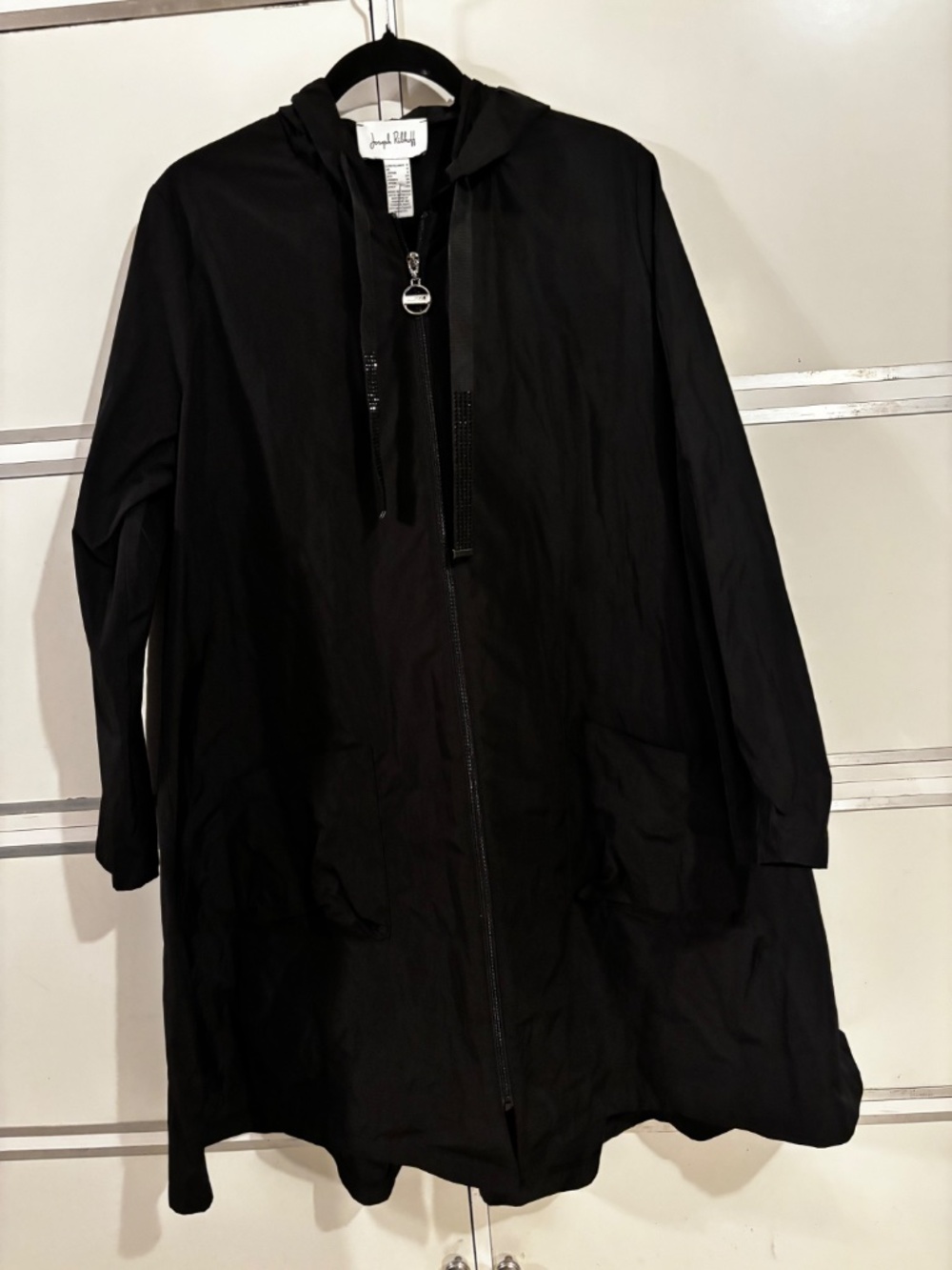 Joseph Ribkoff Long Flared Shape Coat Full Zip Drawstring Hood Sz 6 Black - Picture 5 of 13